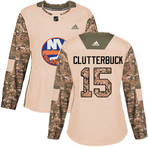 Adidas Islanders #15 Cal Clutterbuck Camo Authentic Veterans Day Women's Stitched NHL Jersey